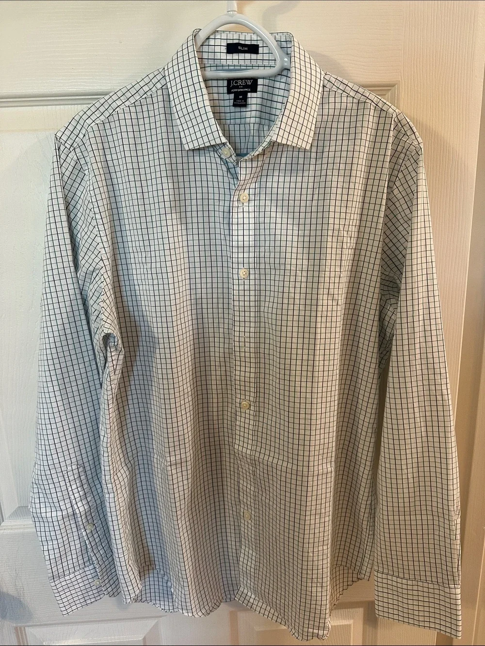 J. Crew Men's White Dress Shirt with Navy/Green Windowpane Check - Size Medium